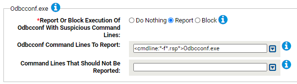 The Odbcconf.exe settings for the Suspicious Command Line Protection N-Z Rapid Config