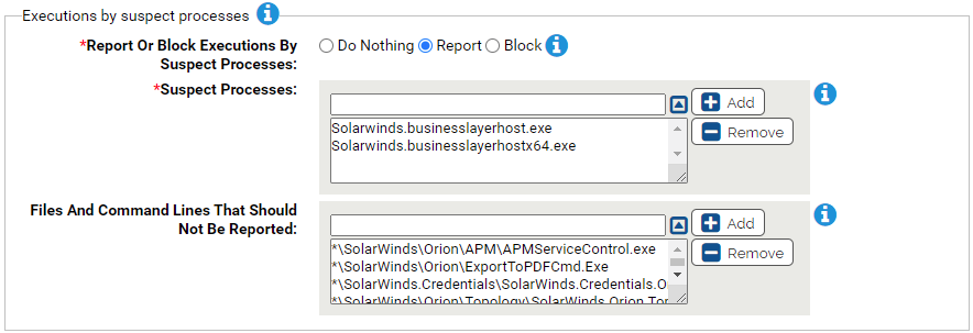 The execution by suspect processes settings for the SolarWinds-Sunburst Protection Rapid Config