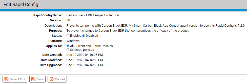 The Edit Rapid Config page for the Carbon Black EDR Tamper Protection Rapid Config