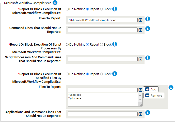 The Microsoft.Workflow.Compiler.exe. settings for the Suspicious Parent-Child Protection Rapid Config