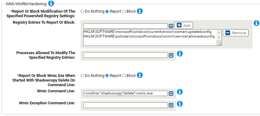 The WMI/WinRM hardening settings for the WMI Protection Rapid Config