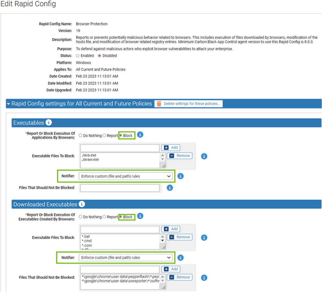 The Edit Rapid Config page showing the block and notifier fields selected in the Executbles settings and the Downloaded Executables settings