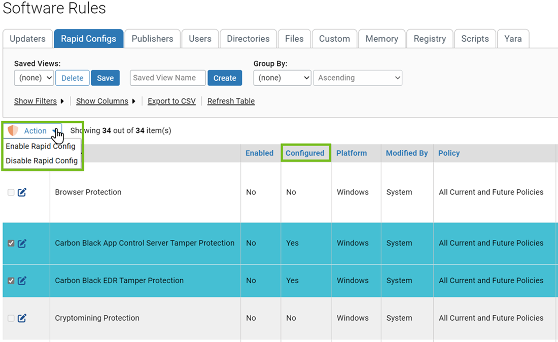 The Rapid Configs table showing the Configured column with Yes value and an active check box for the related configuration.