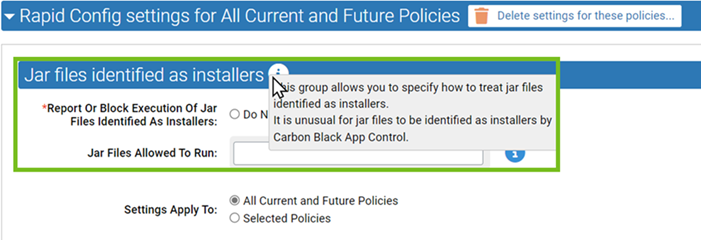 The Rapid Config settings for all current and future policies showing the Windows Configuration Files settings