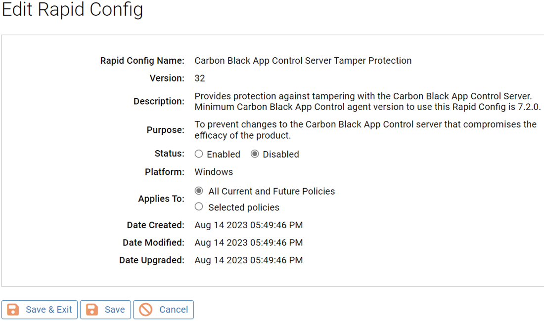 The Edit Rapid Config page for the Carbon Black App Control Server Tamper Protection Rapid Config