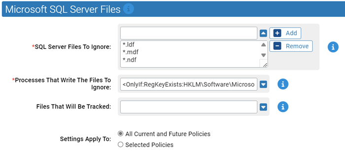 The Microsoft SQL Server files settings for the Microsoft SQL Server Rapid Config