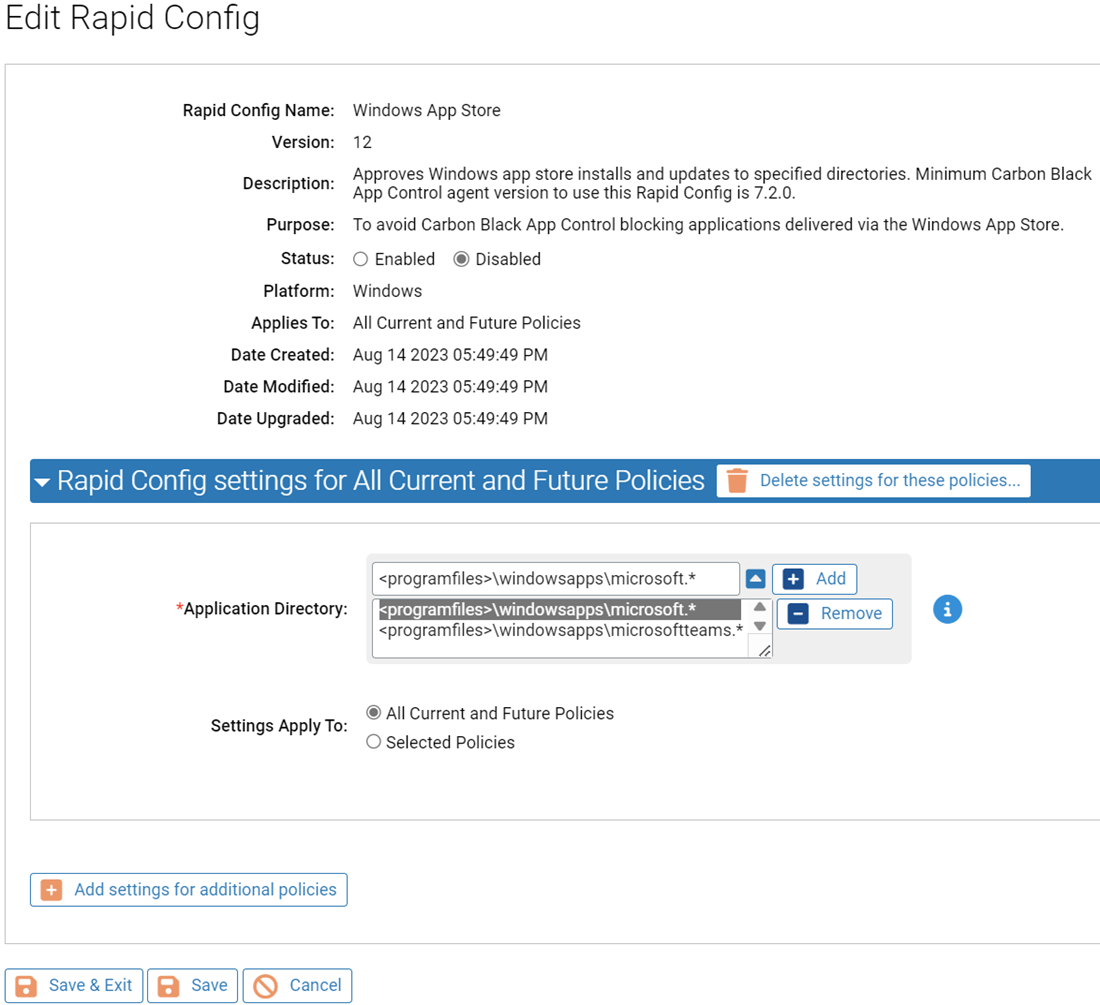 The Edit Rapid Config page showing the settings for all current and future policies