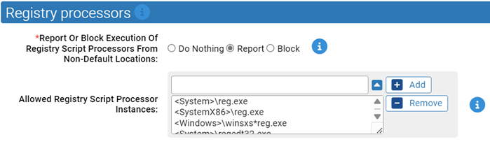 The registry processor settings for the Script Processors Rapid Config