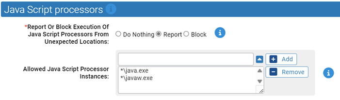 The Java script processor settings for the Script Processors Rapid Config