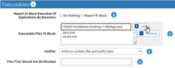 The Executables settings showing the OnlyIf macro selected in the Executable Files to Block field