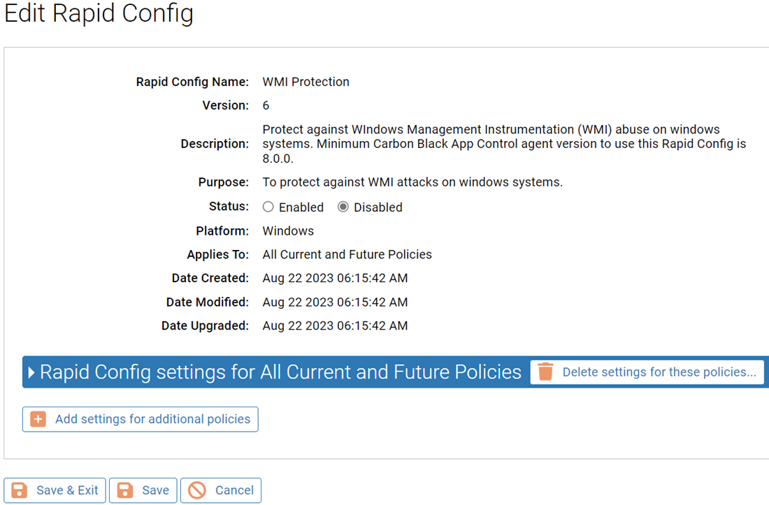 The Edit Rapid Config page for the WMI Protection Rapid Config