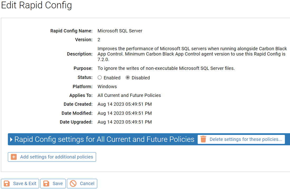 The Edit Rapid Config page for the Microsoft SQL Server Rapid Config