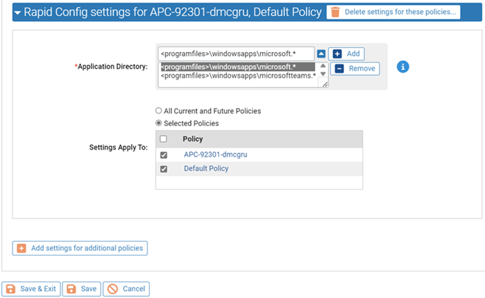 The Edit Rapid Config page showing the settings for the selected server and the default policy