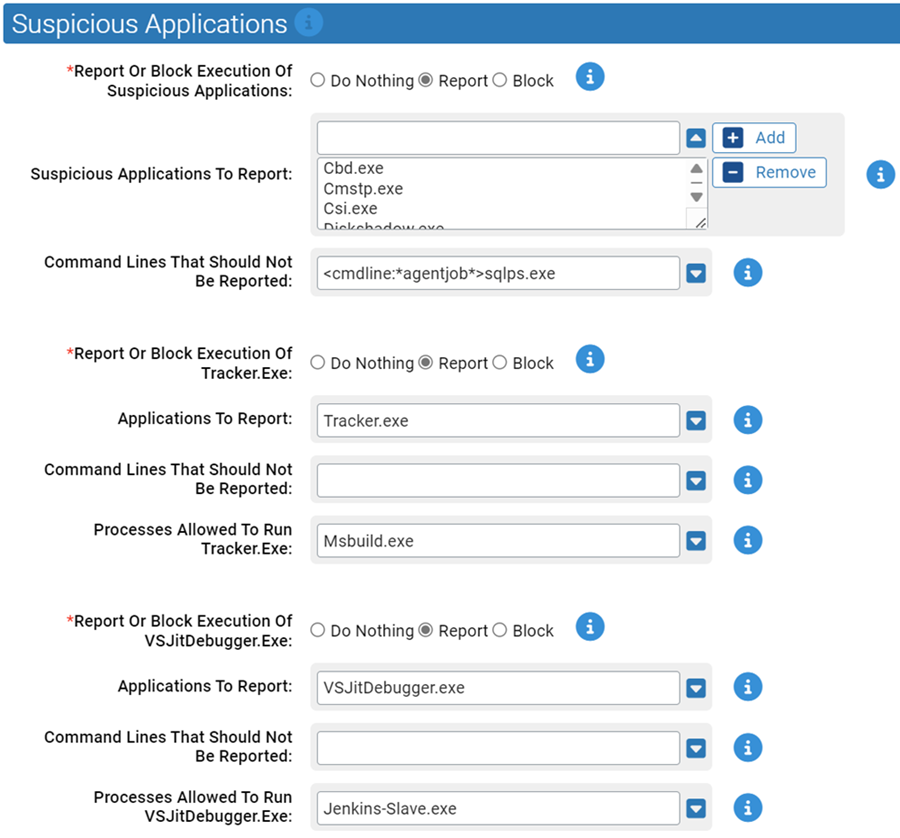 The suspicious application settings for the Suspicious Application Protection Rapid Config