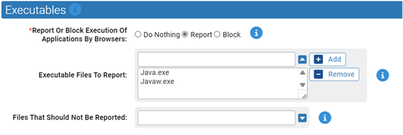 The Executables settings for the Browser Protection rapid config