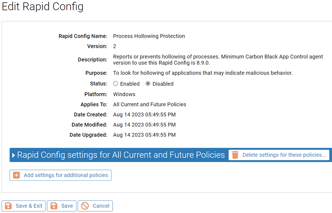 The Edit Rapid Config page for the Process Hollowing Protection Rapid Config