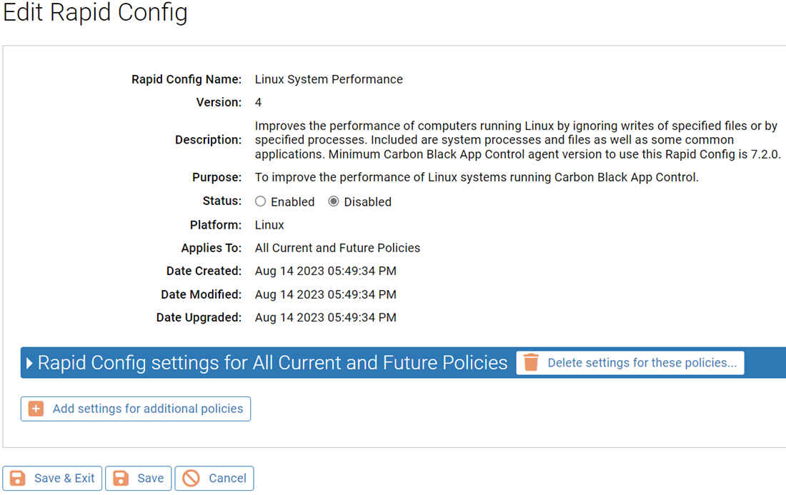 The Edit Rapid Config page for the Linux System Performance Rapid Config