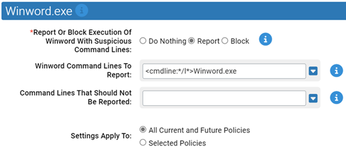 The Winword.exe settings for the Suspicious Command Line Protection N-Z Rapid Config