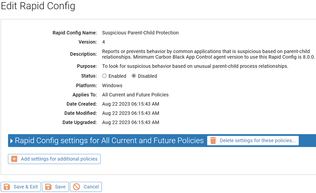 The Edit Rapid Config page for the Suspicious Parent-Child Protection Rapid Config