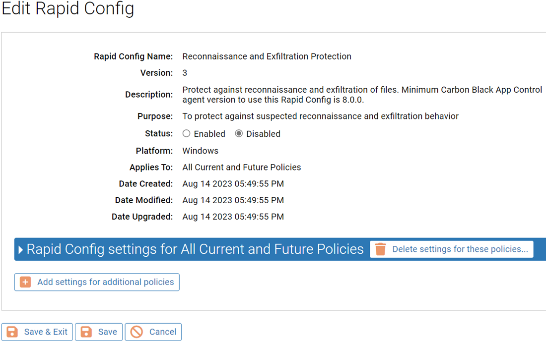 The Edit Rapid Config page for the Reconnaissance and Exfiltration Protection Rapid config