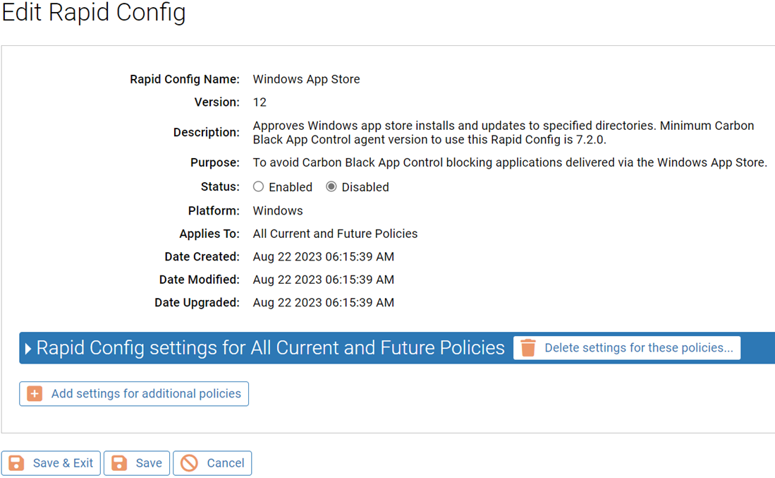 The Edit Rapid Config page for the Windows App Store Rapid Config