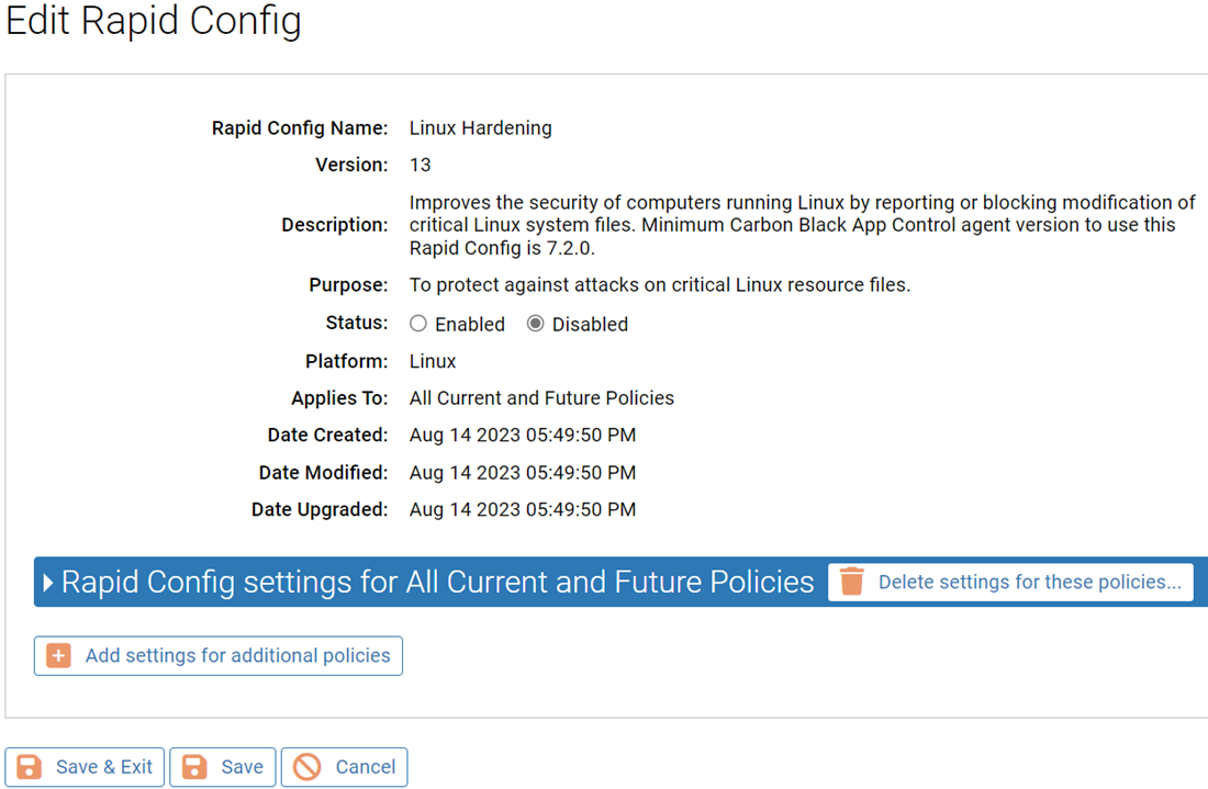 The Edit Rapid Config page for the Linux Hardening Rapid Config