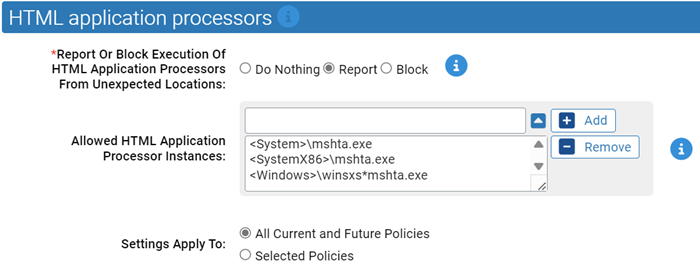 The HTML application processor settings for the Script Processors Rapid Config