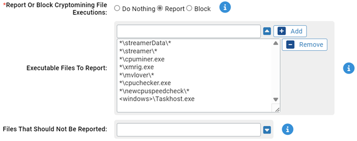 The report, block, or do nothing settings for the Cryptomining Rapid Config