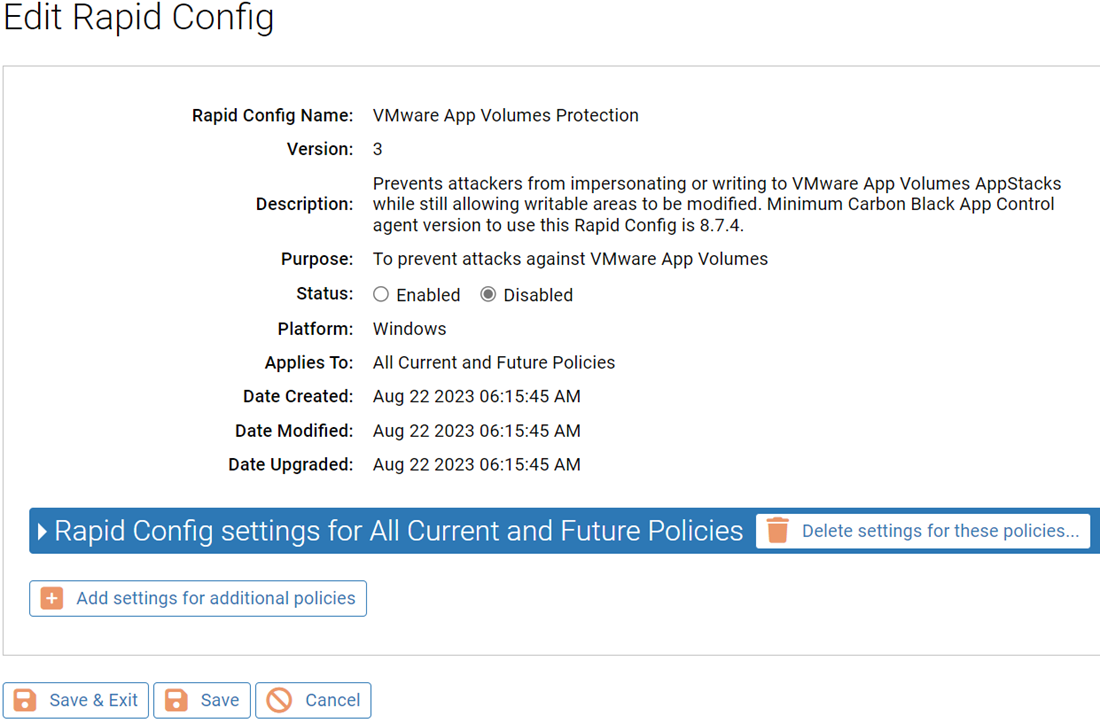 The Edit Rapid Config page for the VMware App Volumes Protection Rapid Config