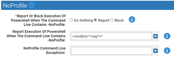 The NoProfile settings for the Powershell Protection Rapid Config