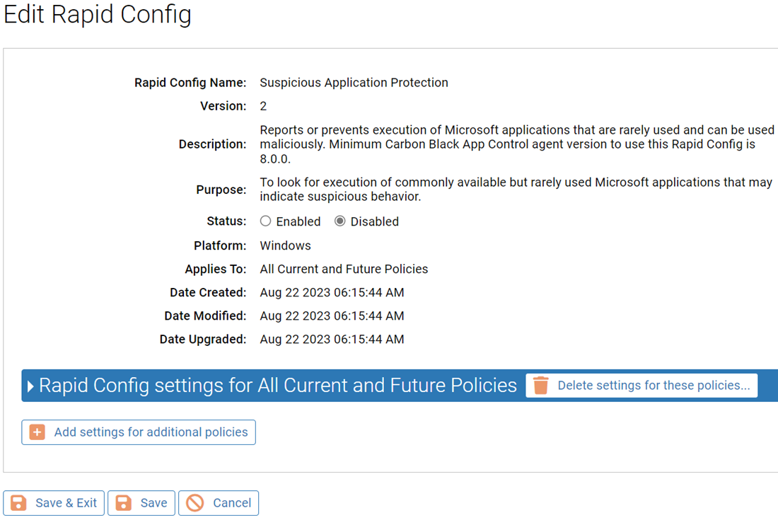 The Edit Rapid Config page for the Suspicious Application Protection Rapid Config