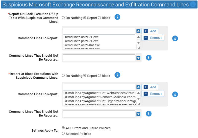 The Suspicious Microsoft Exchange reconnaissance and exfiltration command lines settings for the Reconnaissance and Exfiltration Protection Rapid config