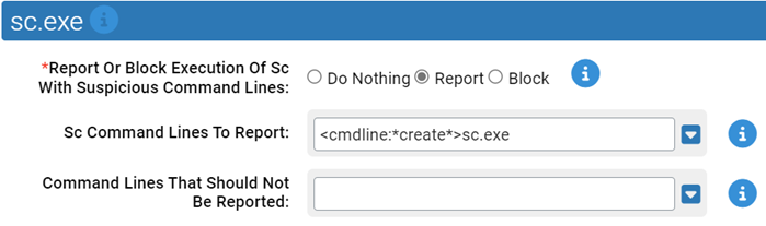 The sc.exe settings for the Suspicious Command Line Protection N-Z Rapid Config