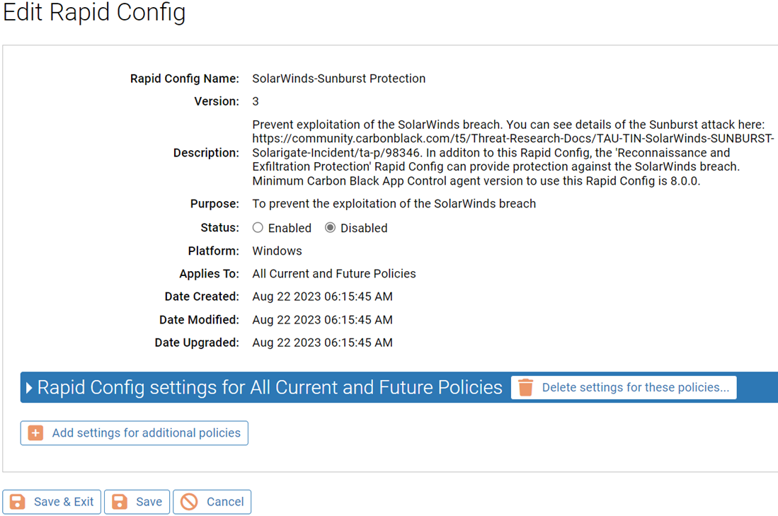 The Edit Rapid Config page for the SolarWinds-Sunburst Protection Rapid Config