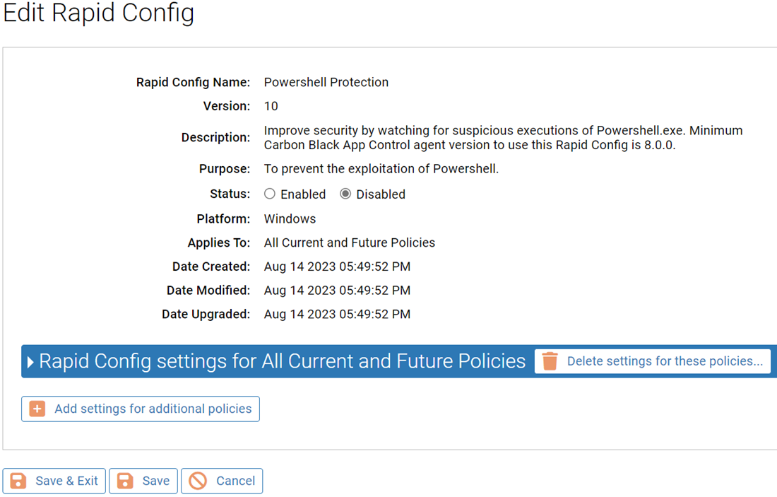 The Edit Rapid Config page for the Powershell Protection Rapid Config