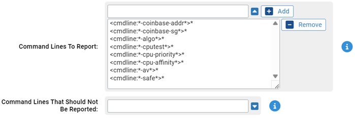 The Command Lines settings for the Cryptomining Rapid Config