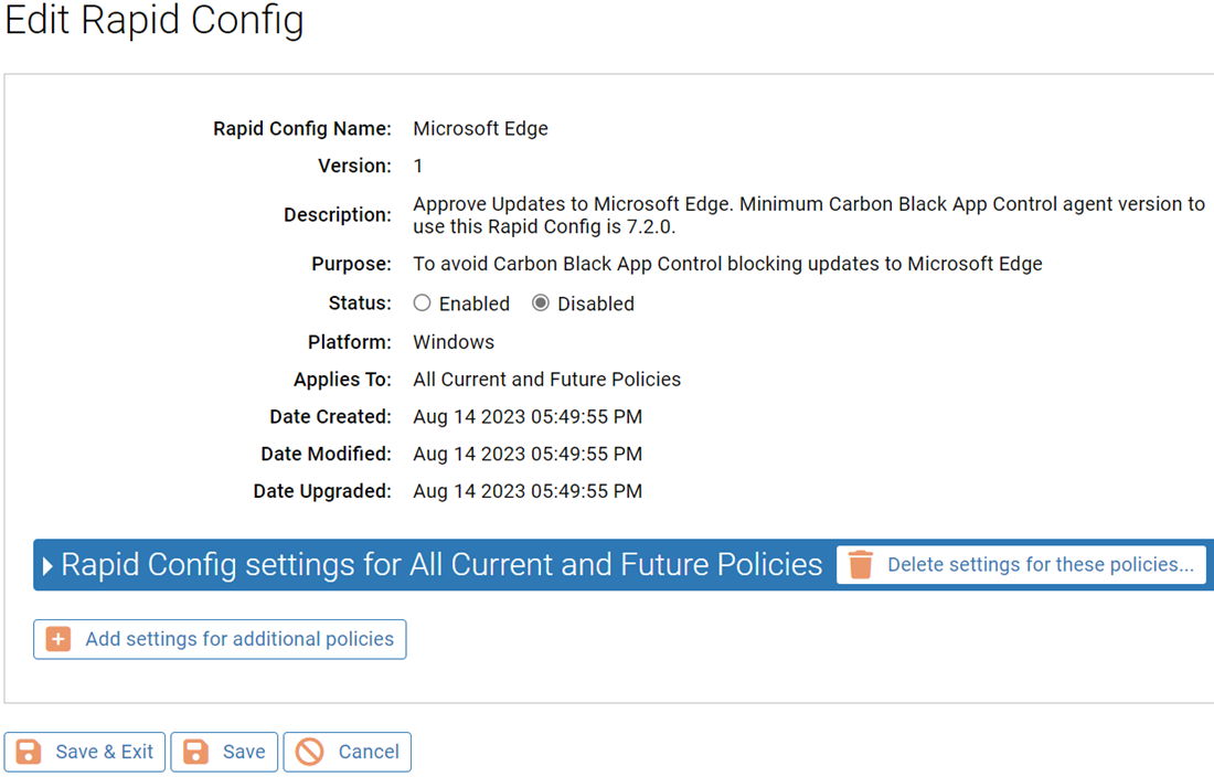 The Edit Rapid Config page for the Microsoft Edge Rapid Config