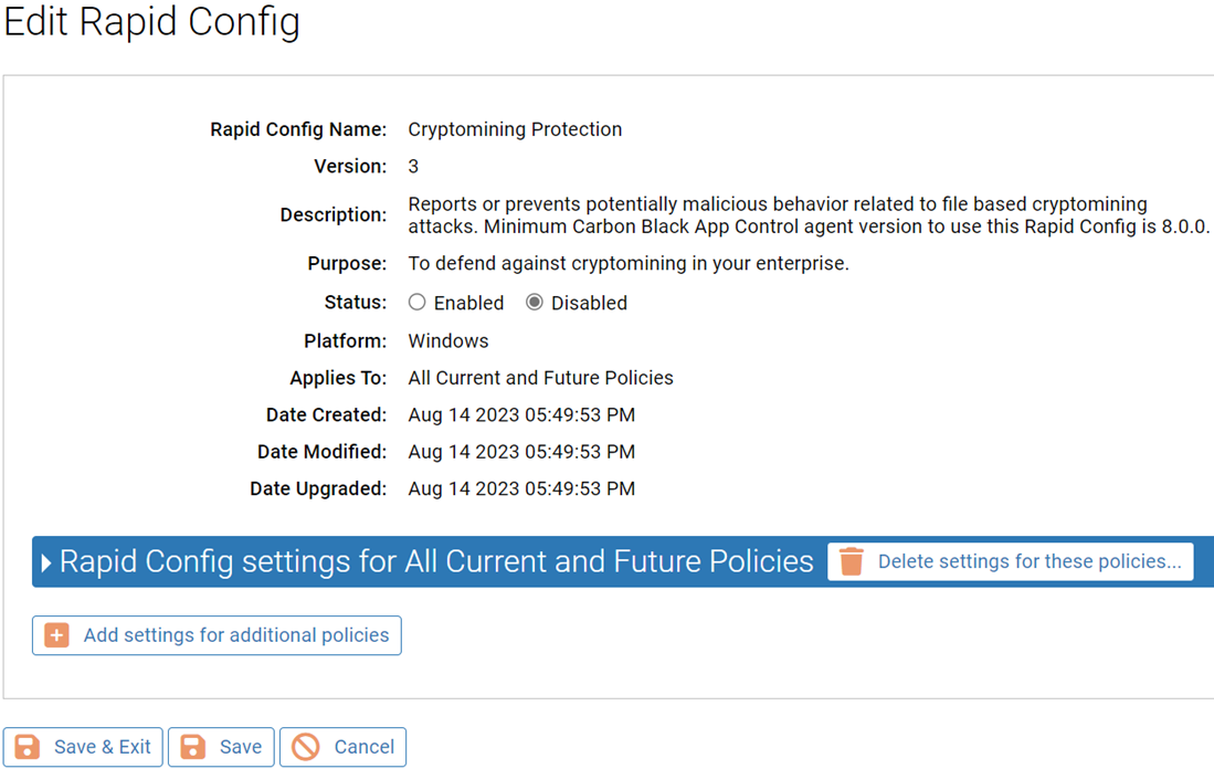 The Edit Rapid Config page for the Cryptomining Rapid Config