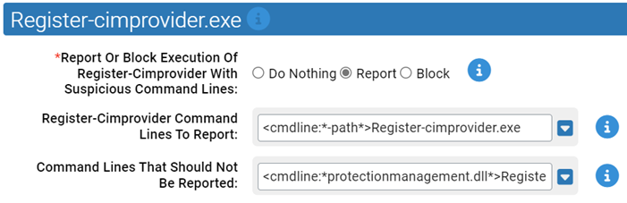 The Register-cimprovider.exe settings for the Suspicious Command Line Protection N-Z Rapid Config