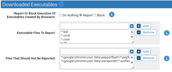 The Downloaded Executables settings for the Browser Protection rapid config