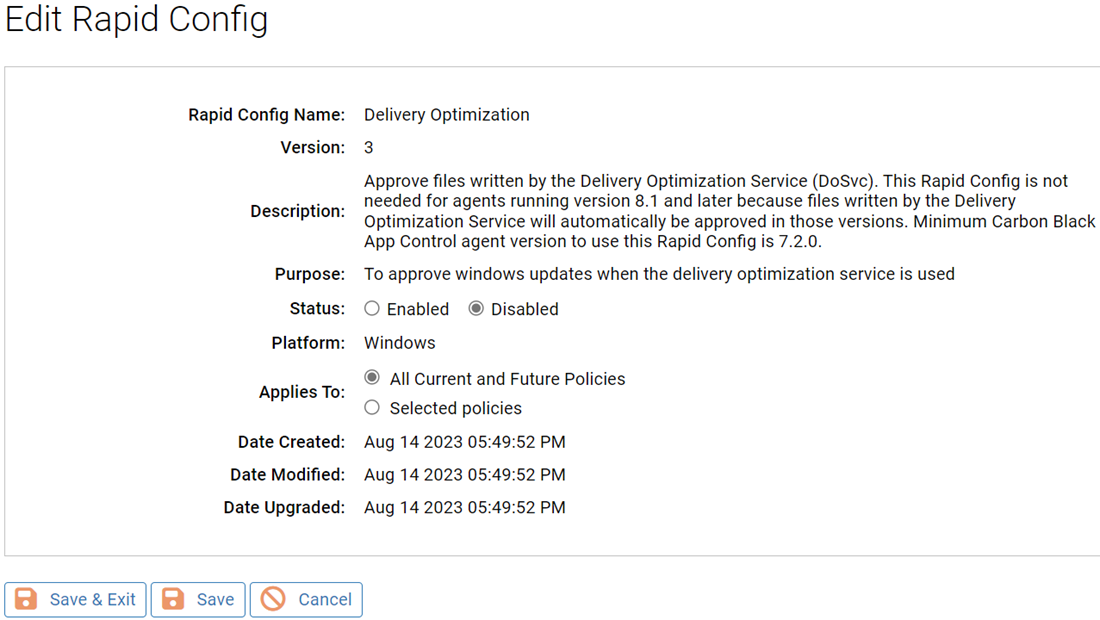 The Edit Rapid Config page for the Delivery Optimization Rapid Config