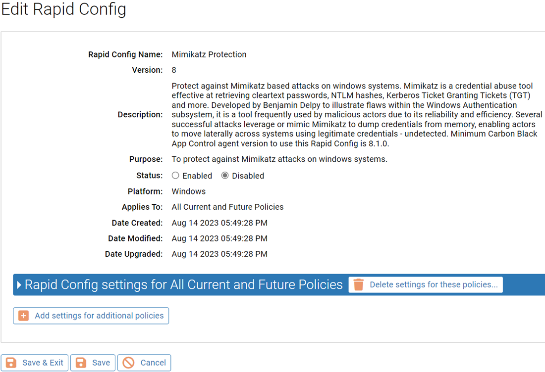 The Edit Rapid Config page for the Mimikatz Rapid Config