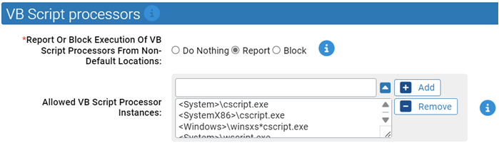 The VB script processor settings for the Script Processors Rapid Config