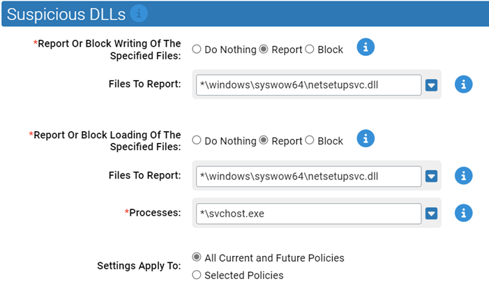 The Suspicious DLLs settings for the SolarWinds-Sunburst Protection Rapid Config