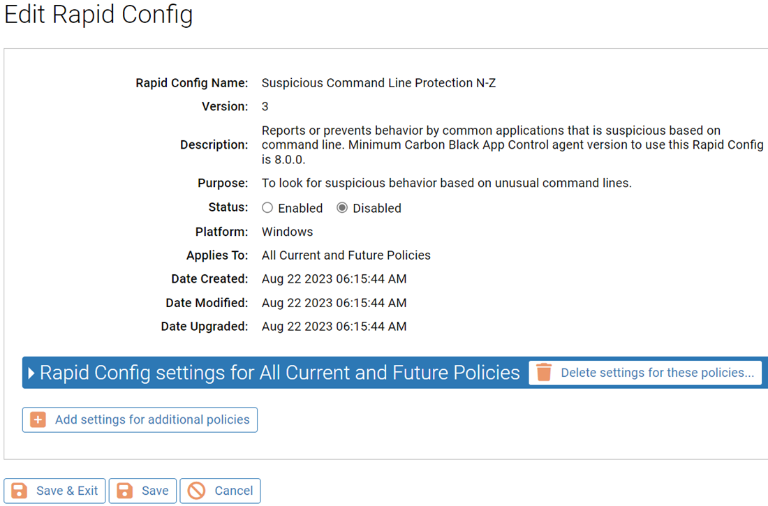 The Edit Rapid Config page for the Suspicious Command Line Protection N-Z Rapid Config