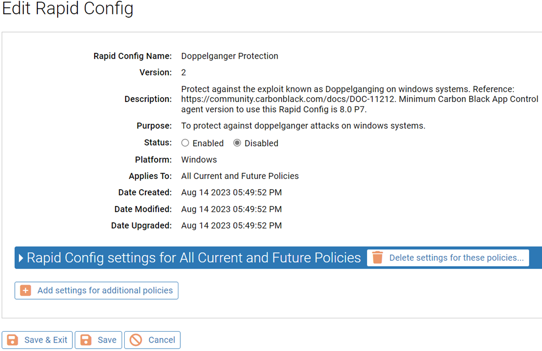 The Edit Rapid Config page for the Doppelganger Protection Rapid Config