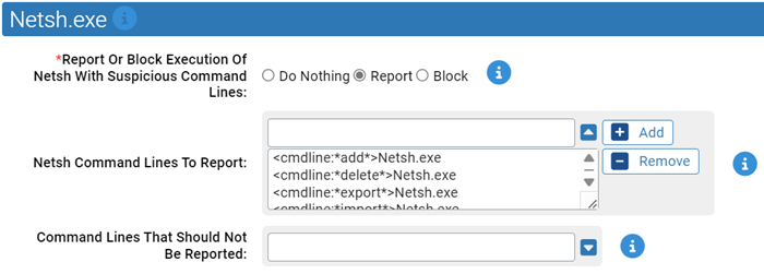 The Netsh.exe settings for the Suspicious Command Line Protection N-Z Rapid Config