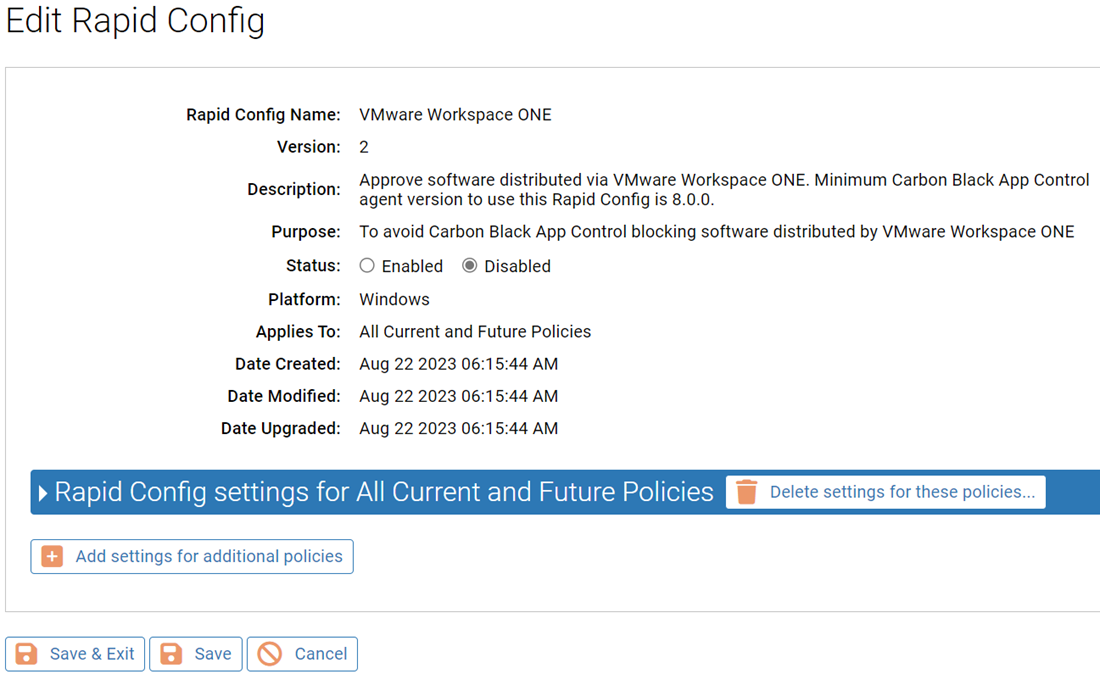 The Edit Rapid Config page for the VMware Workspace ONE Rapid Config