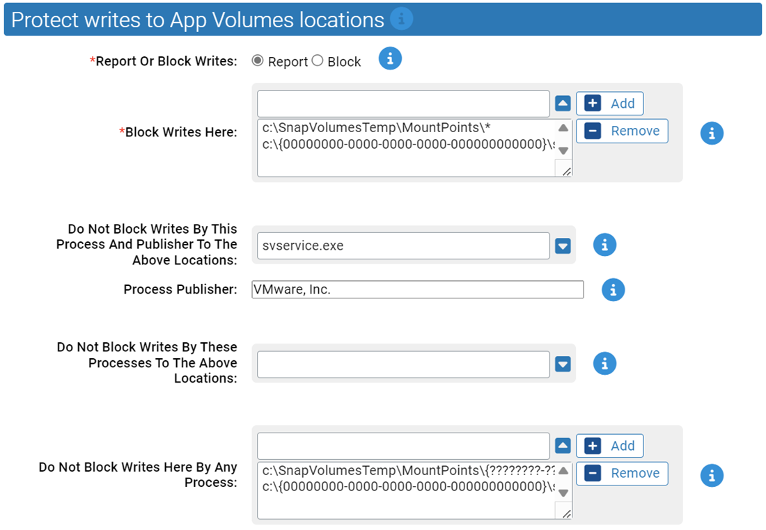 The Protect writes to App Volumes locations settings for the VMware App Volumes Protection Rapid Config