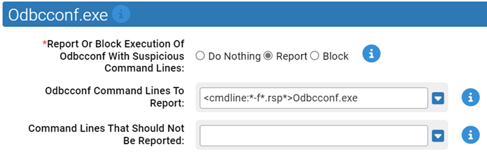 The Odbcconf.exe settings for the Suspicious Command Line Protection N-Z Rapid Config